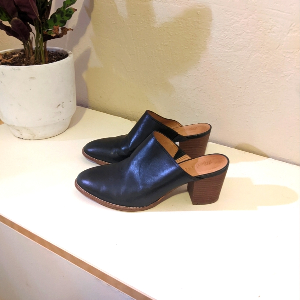 Slip on heels, black leather size 8